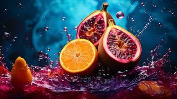 foto van enau fruit voor de helft tegen een kleurrijk abstract achtergrond. generatief ai