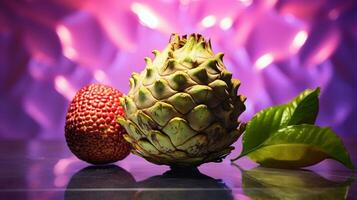 foto van cherimoya fruit voor de helft tegen een kleurrijk abstract achtergrond. generatief ai