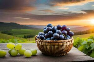 druiven in een mand Aan een tafel met een zonsondergang in de achtergrond. ai-gegenereerd foto