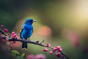 een blauw vogel zit Aan een Afdeling met roze bloemen. ai-gegenereerd foto