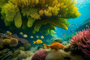 een koraal rif met veel kleurrijk vis. ai-gegenereerd foto