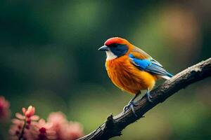 een kleurrijk vogel zit Aan een Afdeling. ai-gegenereerd foto