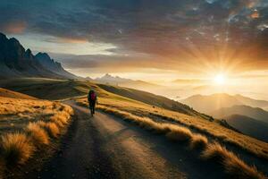 een persoon wandelen naar beneden een aarde weg in de bergen. ai-gegenereerd foto