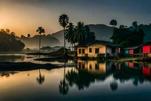 een klein dorp door de water met palm bomen. ai-gegenereerd foto
