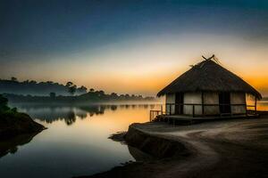 de zonsopkomst over- de rivier. ai-gegenereerd foto