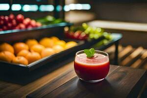 een glas van sap zit Aan een tafel in voorkant van een Scherm van vruchten. ai-gegenereerd foto