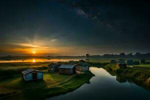 de zon stijgt over- een rivier- en sommige klein hutten. ai-gegenereerd foto