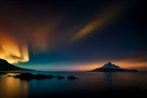 de Aurora lichten schijnen over- een berg en water. ai-gegenereerd foto