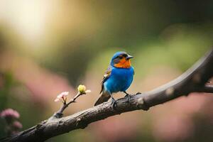 een blauw en oranje vogel zittend Aan een Afdeling. ai-gegenereerd foto