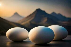 drie wit eieren zijn zittend Aan een tafel met bergen in de achtergrond. ai-gegenereerd foto