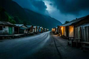 een donker weg in de bergen met huizen en hutten. ai-gegenereerd foto