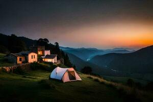 een tent is gooide Aan een heuvel Bij zonsondergang. ai-gegenereerd foto