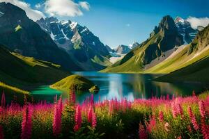 de meer in de bergen, bloemen, bergen, hd behang. ai-gegenereerd foto