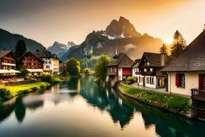 de mooi Alpen Bij zonsondergang. ai-gegenereerd foto