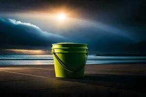 een groen emmer zittend Aan de strand Bij nacht. ai-gegenereerd foto