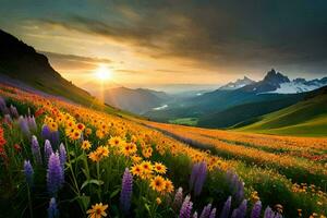 de zon stijgt over- een veld- van wilde bloemen in de bergen. ai-gegenereerd foto