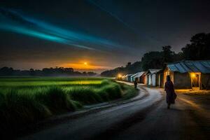 een Mens wandelingen naar beneden een aarde weg Bij nacht met een huis in de achtergrond. ai-gegenereerd foto