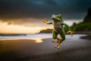 een kikker jumping Aan de strand Bij zonsondergang. ai-gegenereerd foto