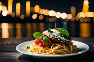 spaghetti met tomaat en basilicum Aan een bord. ai-gegenereerd foto