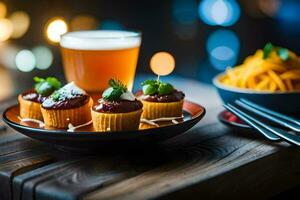 een bord met cupcakes en een bier. ai-gegenereerd foto