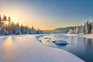 een rivier- in de winter met sneeuw gedekt bomen. ai-gegenereerd foto