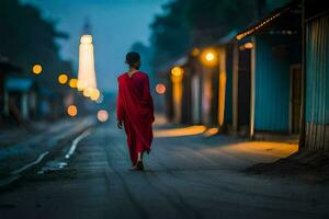 een monnik wandelingen naar beneden een straat Bij nacht. ai-gegenereerd foto