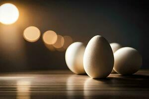 wit eieren Aan een tafel met een licht achter hen. ai-gegenereerd foto
