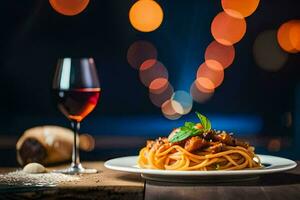 spaghetti met vlees en saus Aan een bord. ai-gegenereerd foto