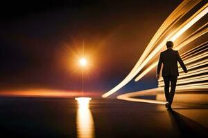 een Mens wandelen Aan de weg Bij nacht met licht paden. ai-gegenereerd foto