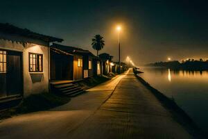 een lang wandelen langs de rivier- Bij nacht. ai-gegenereerd foto