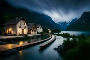 foto behang de lucht, bergen, huis, water, huis, de meer, de huis,. ai-gegenereerd