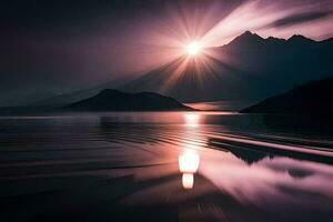 de zon is schijnend over- een berg reeks en water. ai-gegenereerd foto