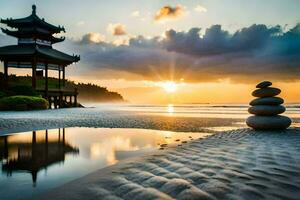 een pagode en rotsen Aan de strand Bij zonsondergang. ai-gegenereerd foto