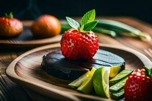 chocola taart met aardbeien en avocado Aan een houten bord. ai-gegenereerd foto