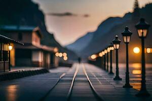 een trein bijhouden met lichten Aan het Bij zonsondergang. ai-gegenereerd foto