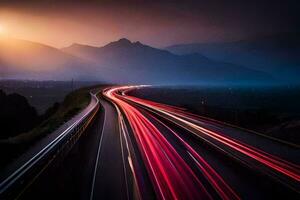 een lang blootstelling foto van een snelweg met lichten. ai-gegenereerd