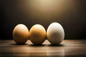 drie eieren zijn staand in een rij Aan een houten tafel. ai-gegenereerd foto