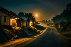 een weg Bij nacht met huizen en een vol maan. ai-gegenereerd foto