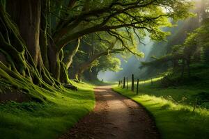 een pad door een groen Woud met bomen en zon. ai-gegenereerd foto