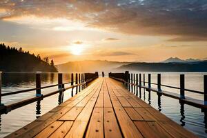 een houten pier Leidt naar een meer Bij zonsondergang. ai-gegenereerd foto