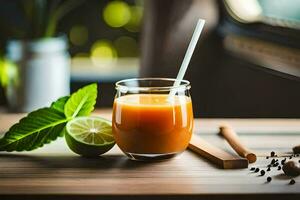 een glas van oranje sap met limoen en specerijen. ai-gegenereerd foto