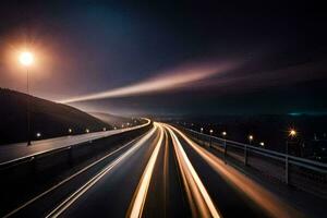 een lang blootstelling foto van een snelweg Bij nacht. ai-gegenereerd