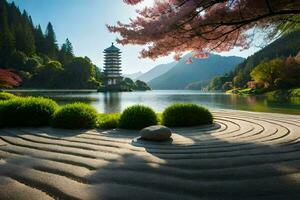 de Japans pagode in de midden- van een meer. ai-gegenereerd foto