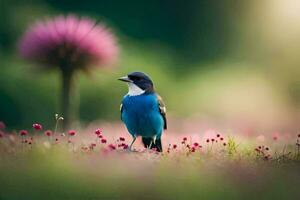 een blauw vogel is staand Aan een veld- van roze bloemen. ai-gegenereerd foto