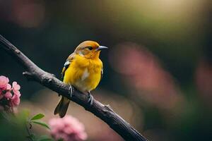 een geel vogel zittend Aan een Afdeling met roze bloemen. ai-gegenereerd foto