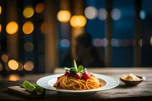 spaghetti met tomaat saus en basilicum Aan een bord. ai-gegenereerd foto