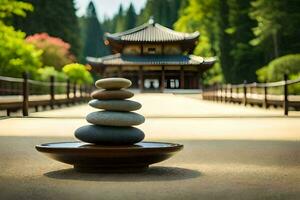 een stack van stenen Aan een kom in voorkant van een pagode. ai-gegenereerd foto