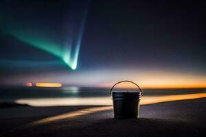 een emmer zittend Aan de strand Bij nacht met een helder licht in de lucht. ai-gegenereerd foto