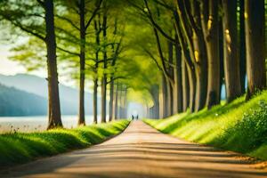 een lang weg bekleed met bomen en gras. ai-gegenereerd foto