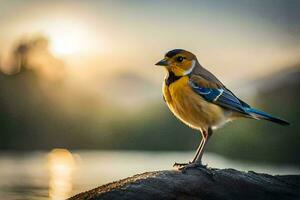 een vogel is staand Aan een rots in voorkant van de zon. ai-gegenereerd foto